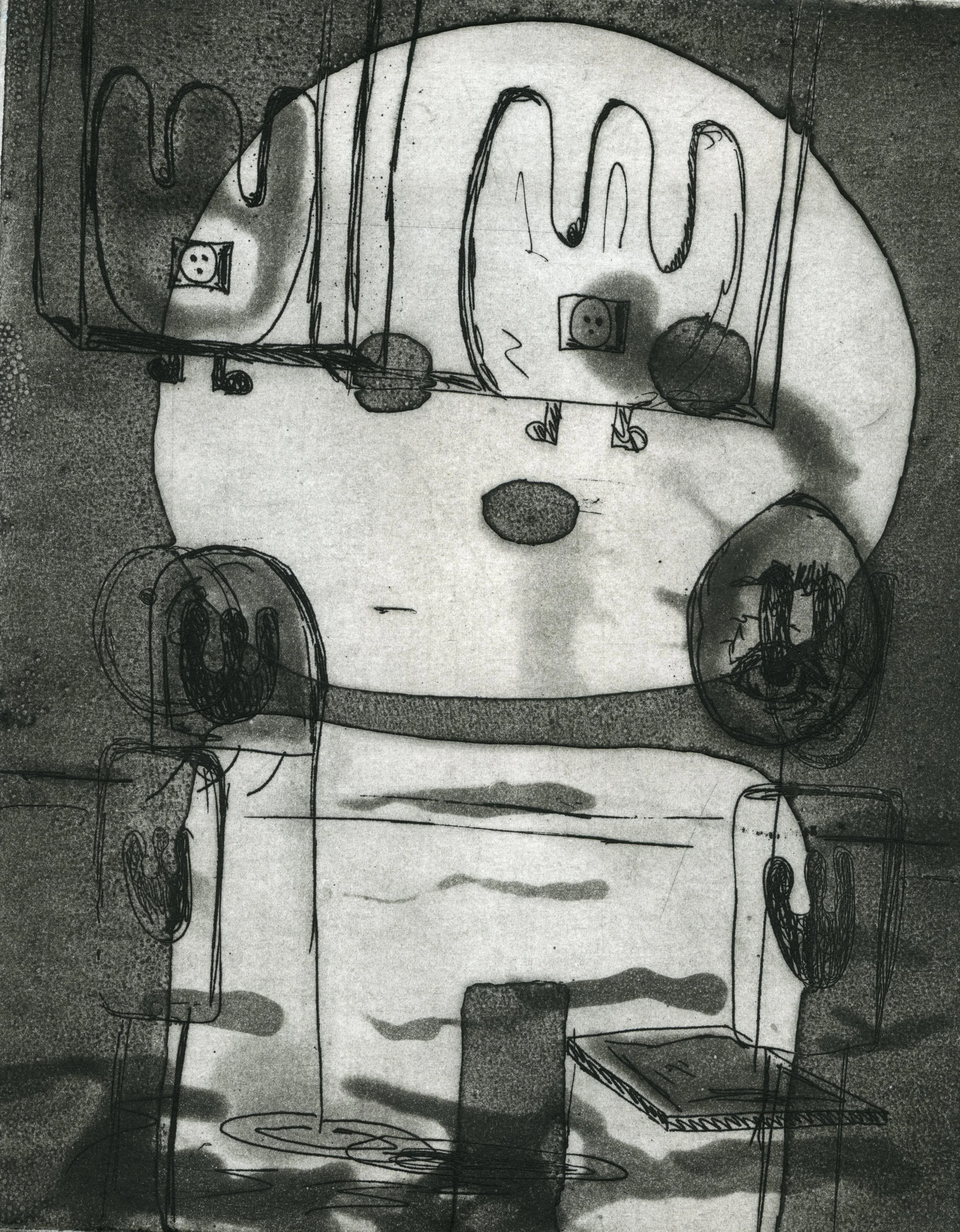 (Go To Bed) Shadow Man and Swing (Black) , Etching on Somerset paper, 10x15cm, 2018, edition of 10, 10 available.
