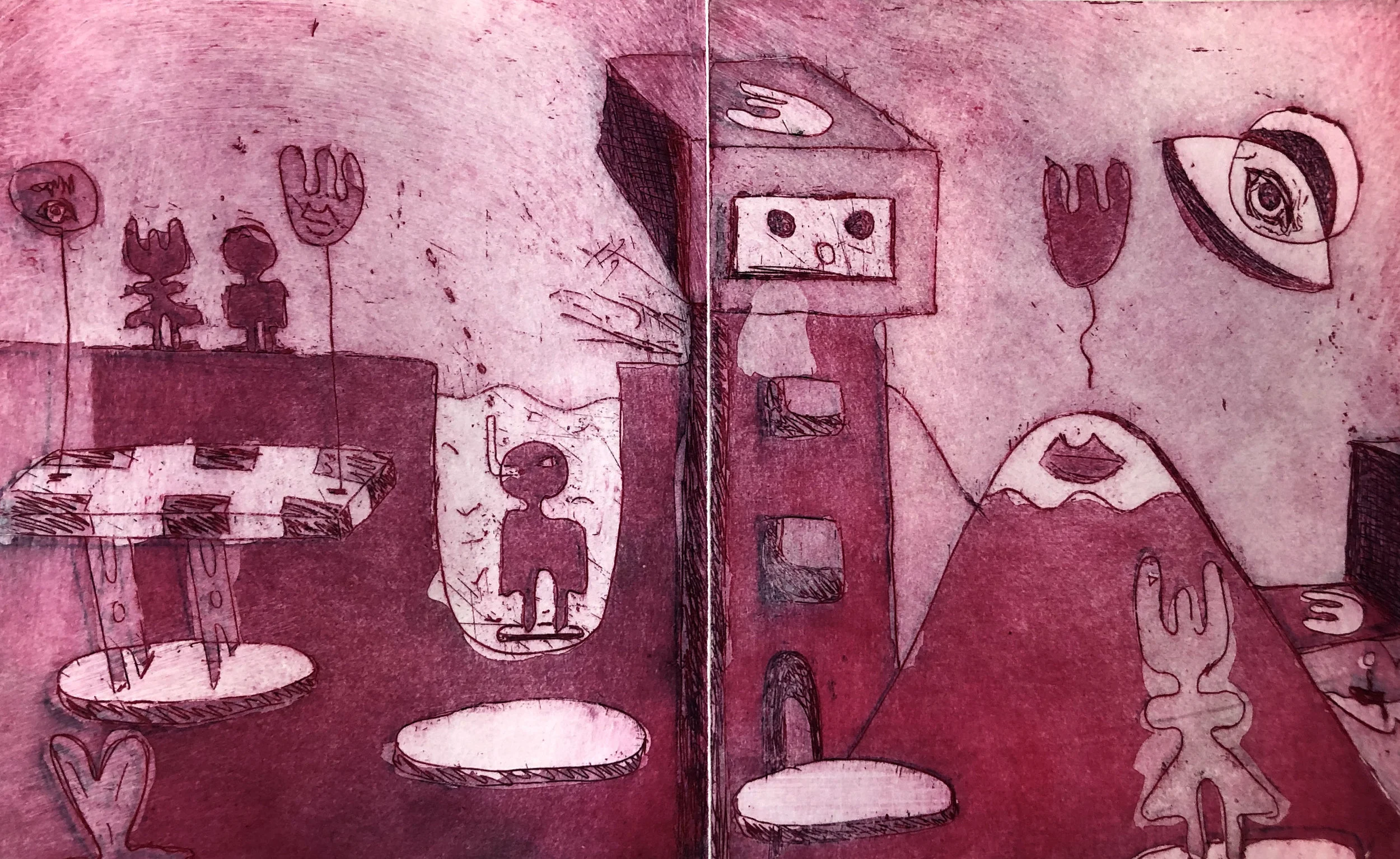 Cheeky Dip… Night , Etching on Somerset, 20x10cm, 2019.