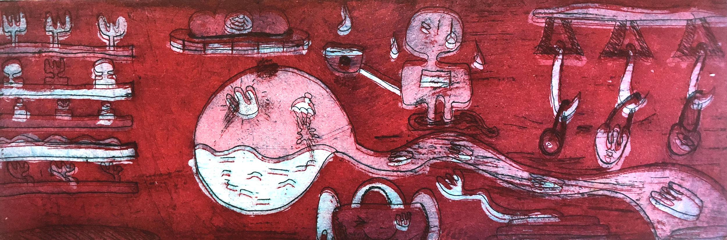Risk It Biscuit4/2 , Etching on Somerset paper, 20x10cm, 2019.