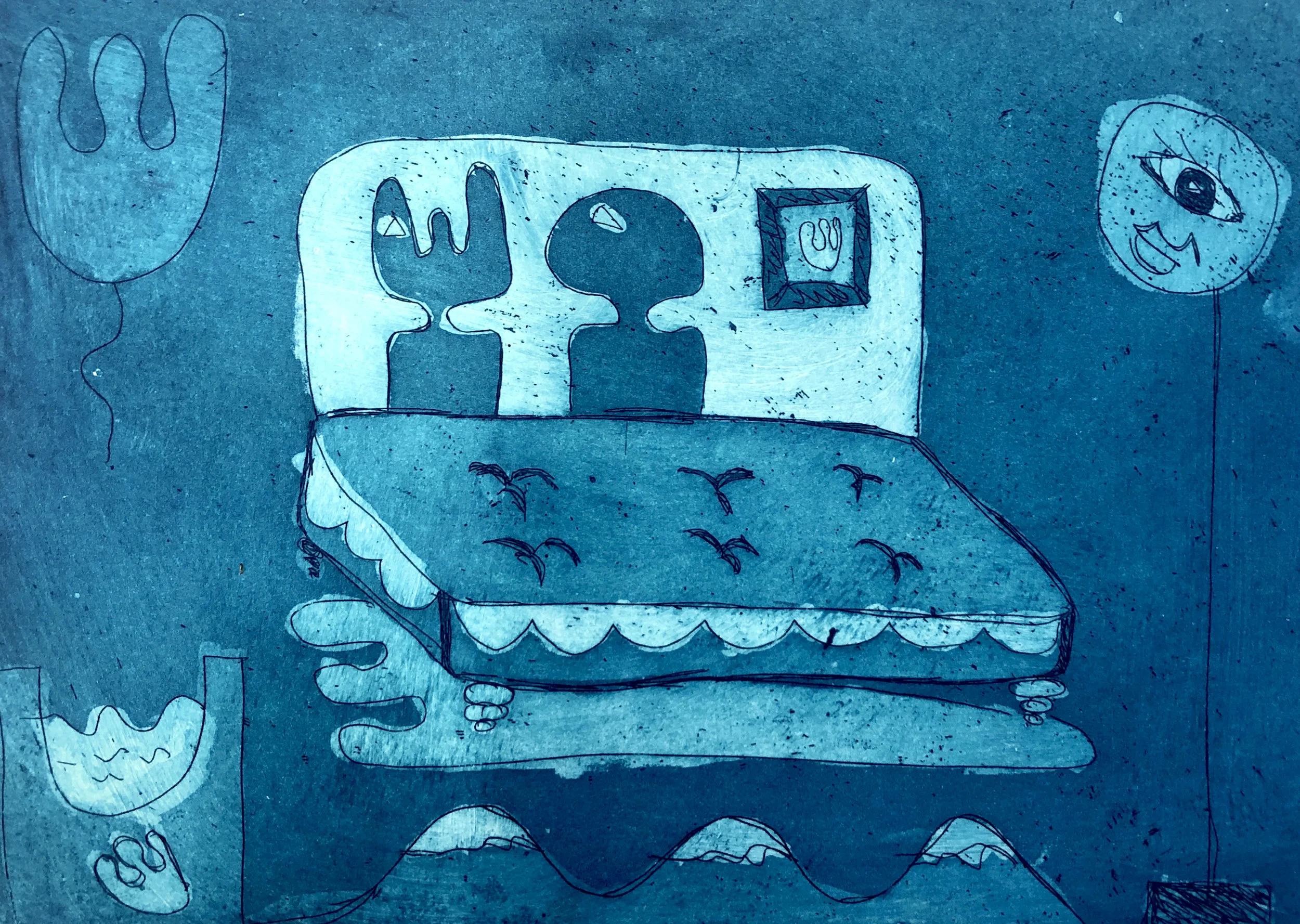 Hung Up Blue Dream , Etching on Somerset, 20x10cm, 2019. 1/1