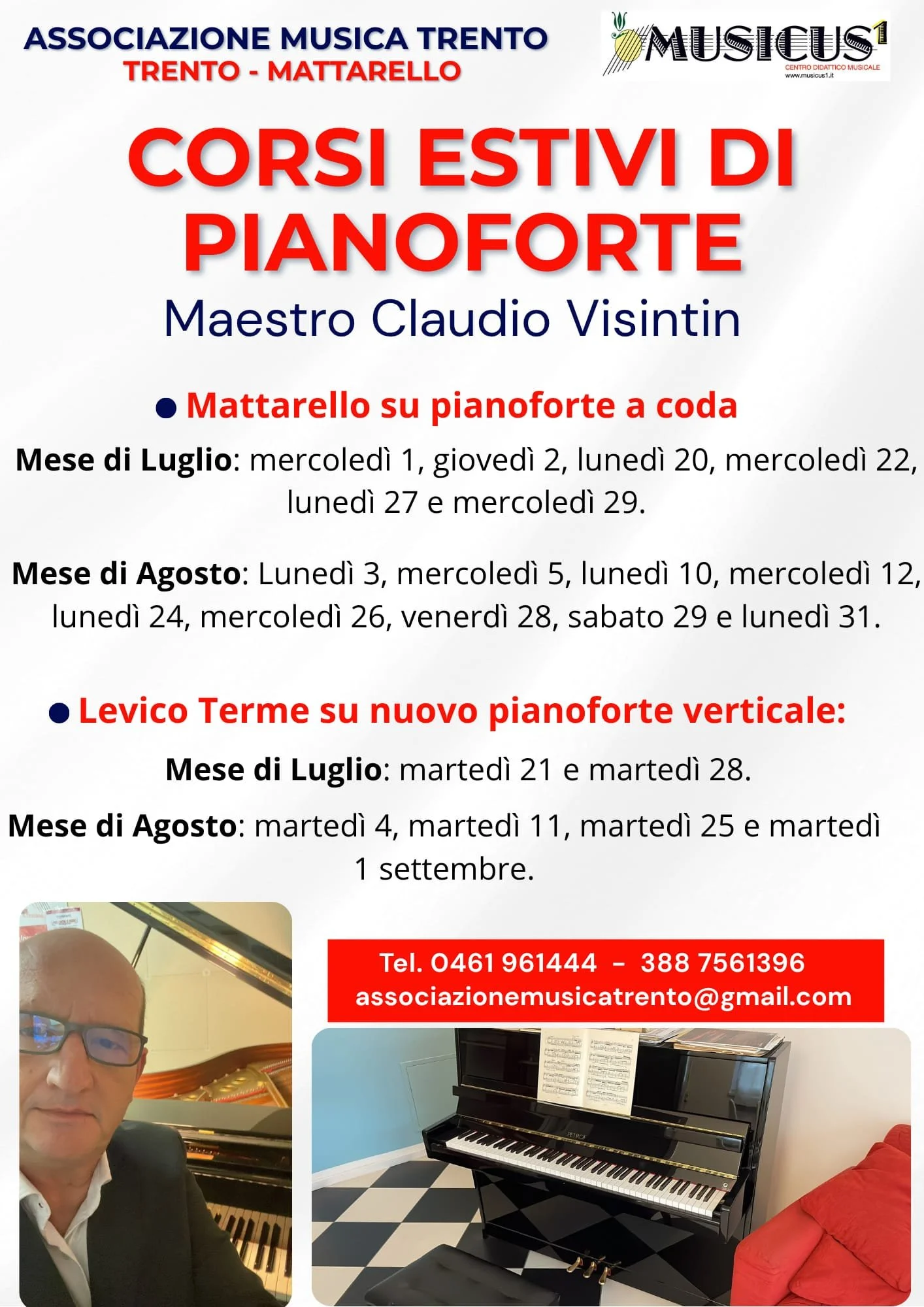 Corsi di pianoforte estate 2026: Mattarello e Levico Terme