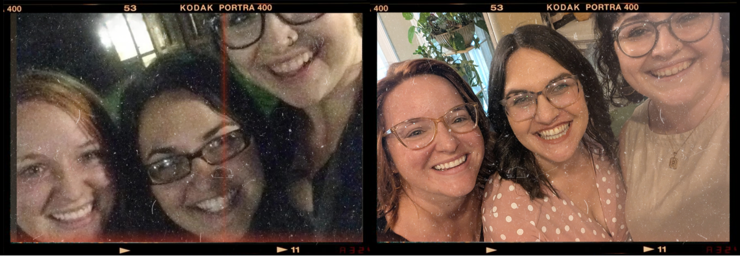 Two film strip photos side by side — a group of friends laughing together in 2014 during study abroad, and the same friends reunited 13 years later, still smiling.