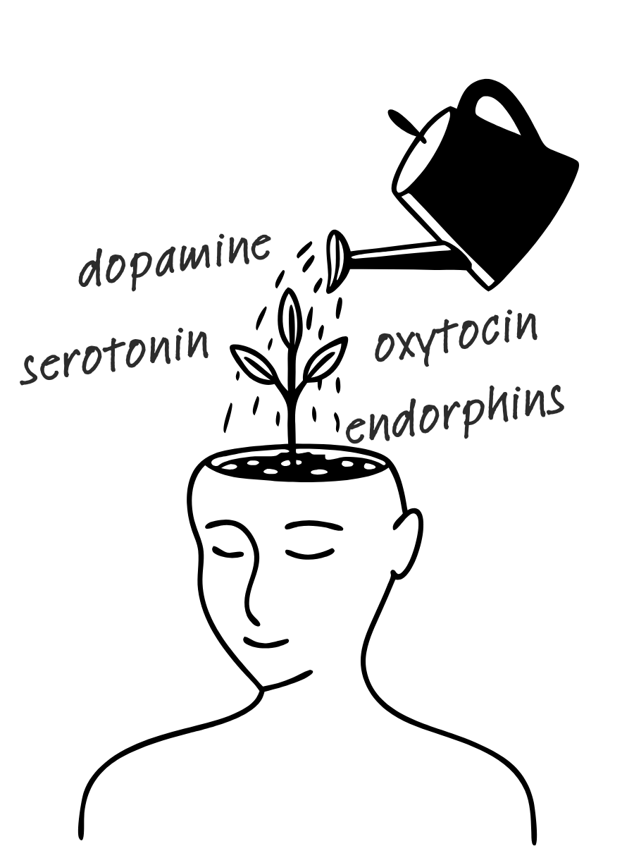 Illustration of a head with a plant growing from it being watered, labeled with dopamine, serotonin, oxytocin, and endorphins, representing the science of feeling good
