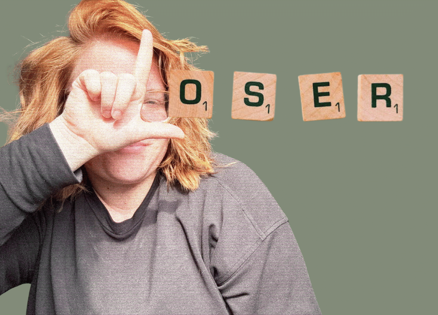 women on green background with fingers forming shape of L on her forehead with scrabble letters floating next that spell out loser