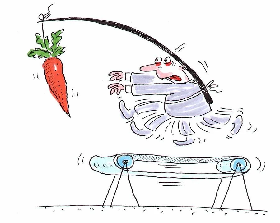 cartoon image of man running on a treadmill desperately trying to capture carrot in front of him that he'll never reach used to describe arrival fallacy