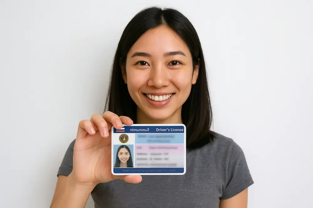 A woman with long dark hair smiling and holding up a driver's license in front of her chest.
