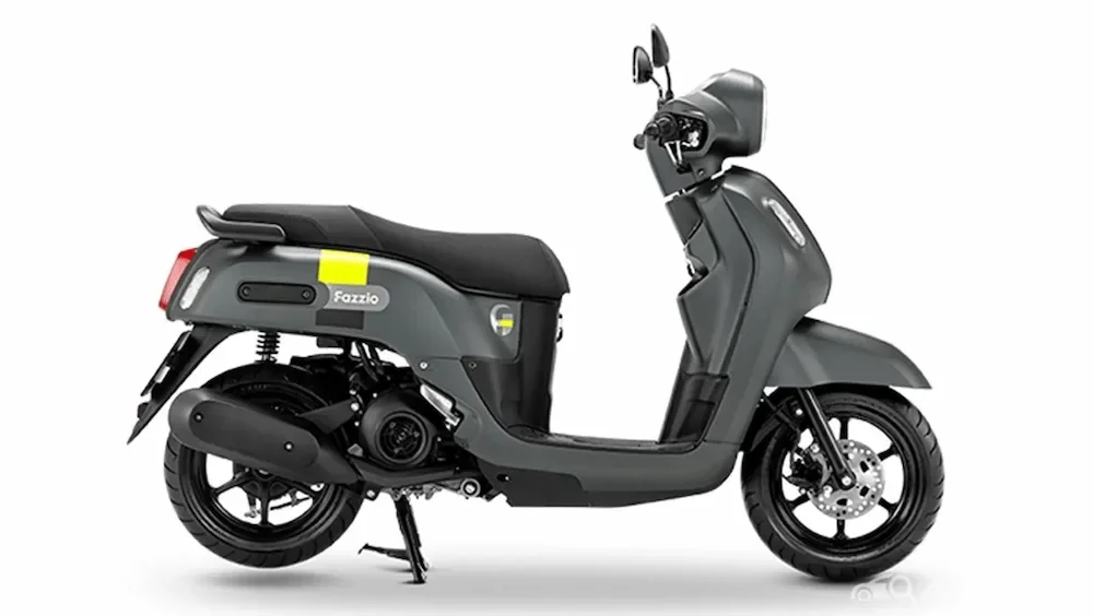 A gray electric scooter with black seat and yellow stripe, branded Fazzio, displayed against a white background.