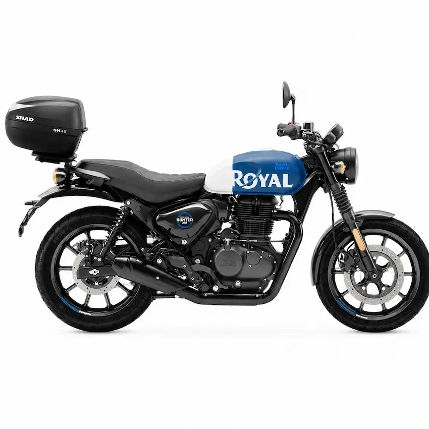Blue Royal Enfield Hunter 350 motorbike with a SHAD tail box, side view
