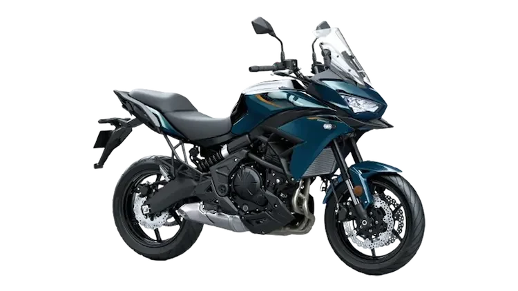 Blue and black Kawasaki Versys touring motorcycle, side view