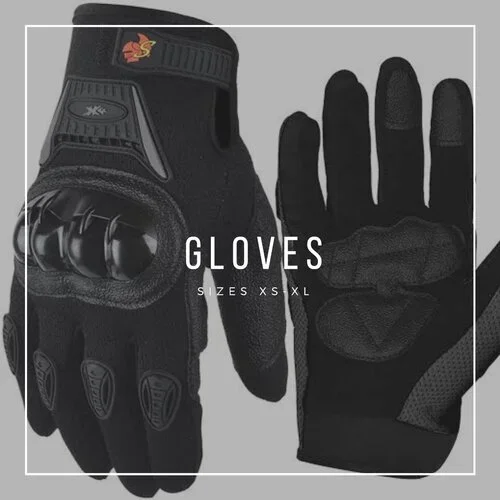 Pair of motorcycle protective gloves, front and back views