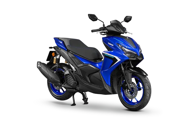 Blue 2025 Yamaha Aerox for Rent, side view