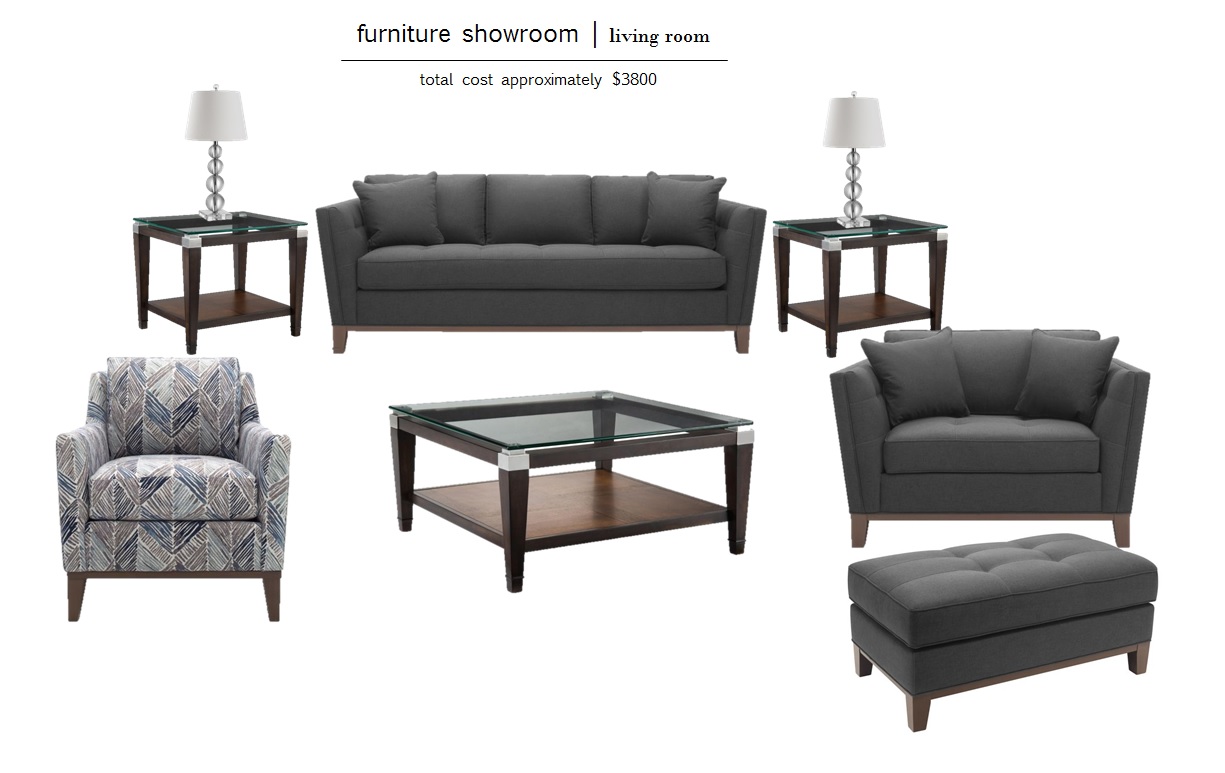 SOFA | GRAY CHAIR | OTTOMAN | PATTERNED CHAIR | COFFEE TABLE | SIDE TABLE | LAMPS