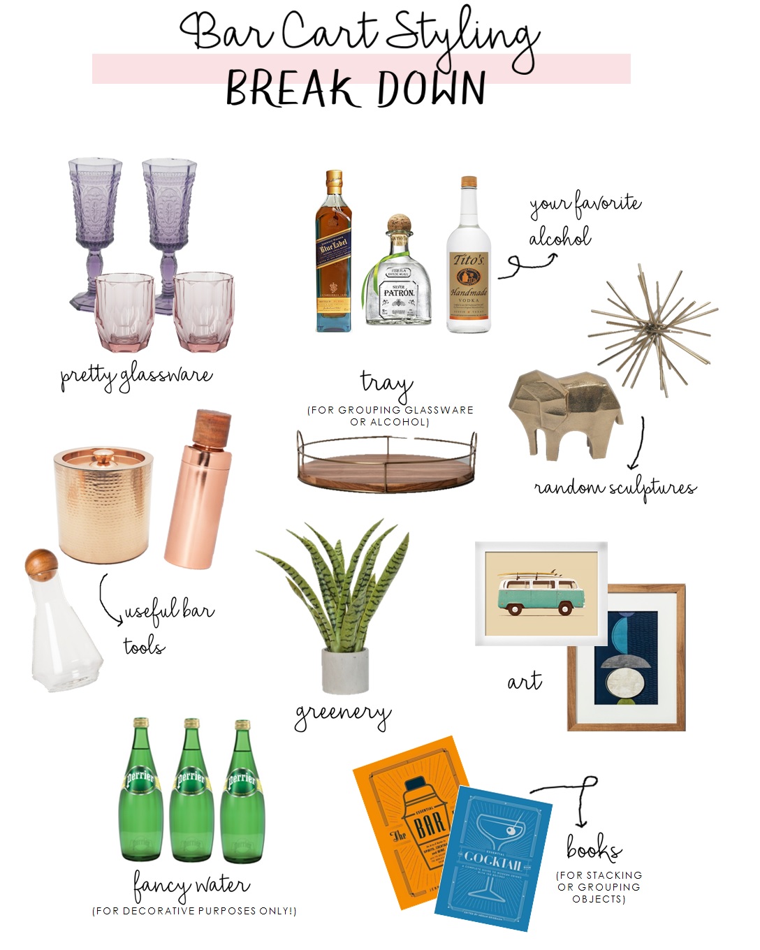 Purple Glasses | Pink Glasses | Decanter | Ice Bucket | Cocktail Shaker | Tray | Elephant | Geo Burst | Faux Snake Plant | Cocktail Book | Van Print | Abstract Print