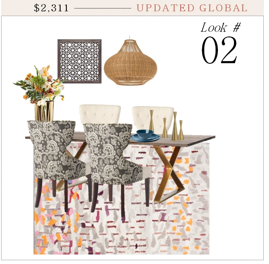 Rug | Table | Dining Chairs | Art | Light | Small Candlesticks | Tall Candlesticks | Dishes | Vase