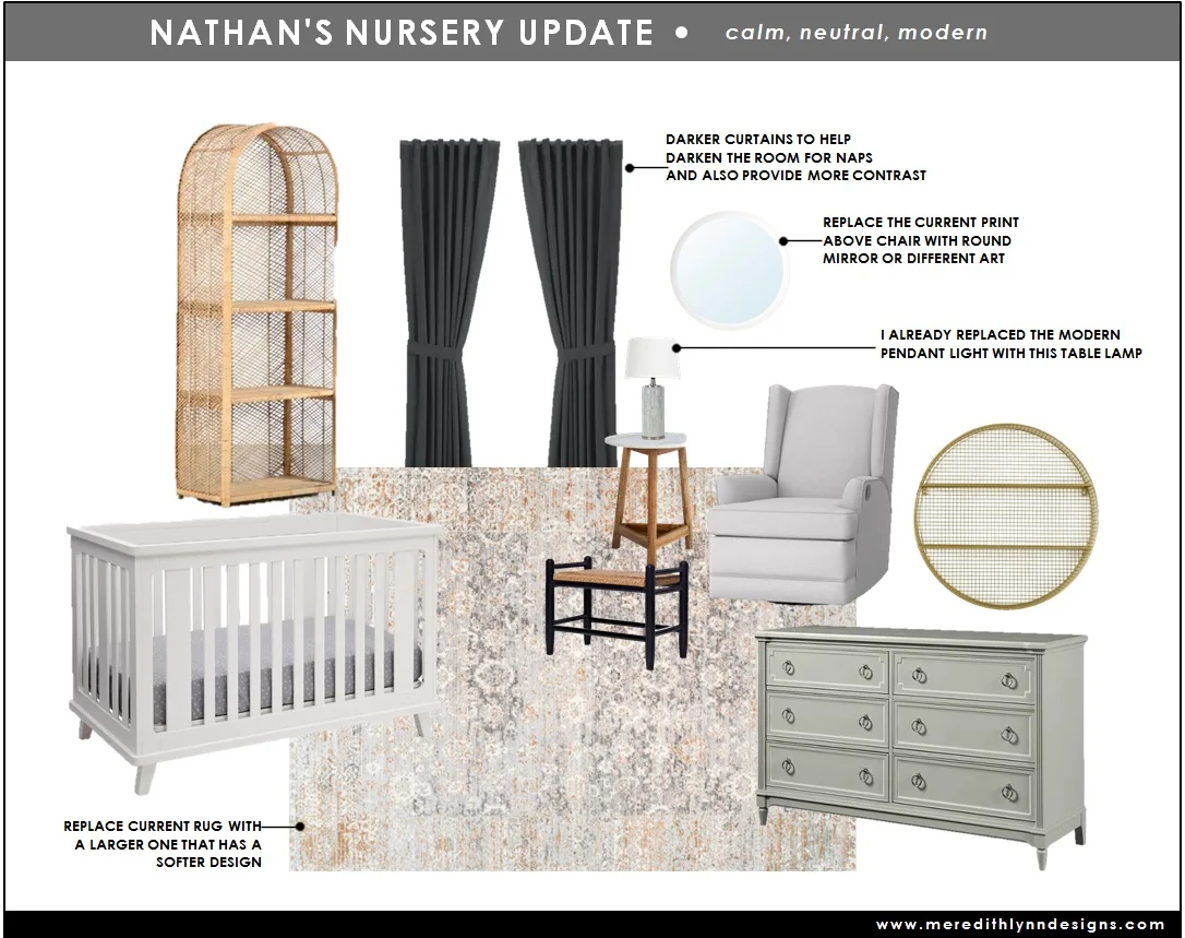 CURTAINS | MIRROR | LAMP | SIDE TABLE | FOOTSTOOL | ROUND WALL SHELF | RUG | CRIB