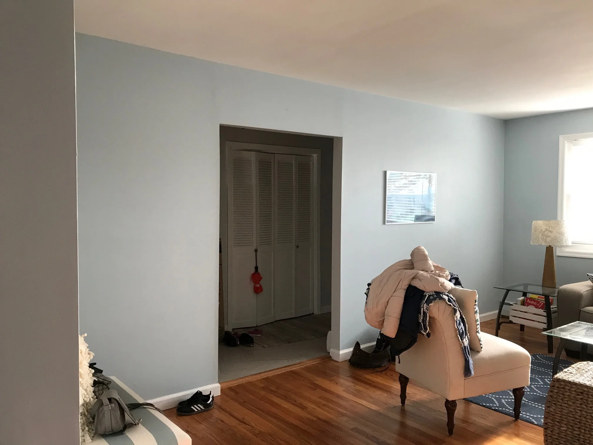 out that doorway, to the right is the front door