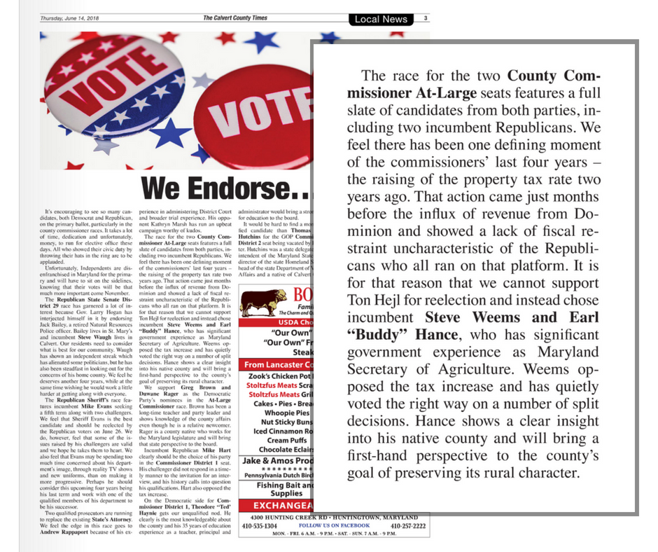 County Times Endorses Hance For Commissioner
