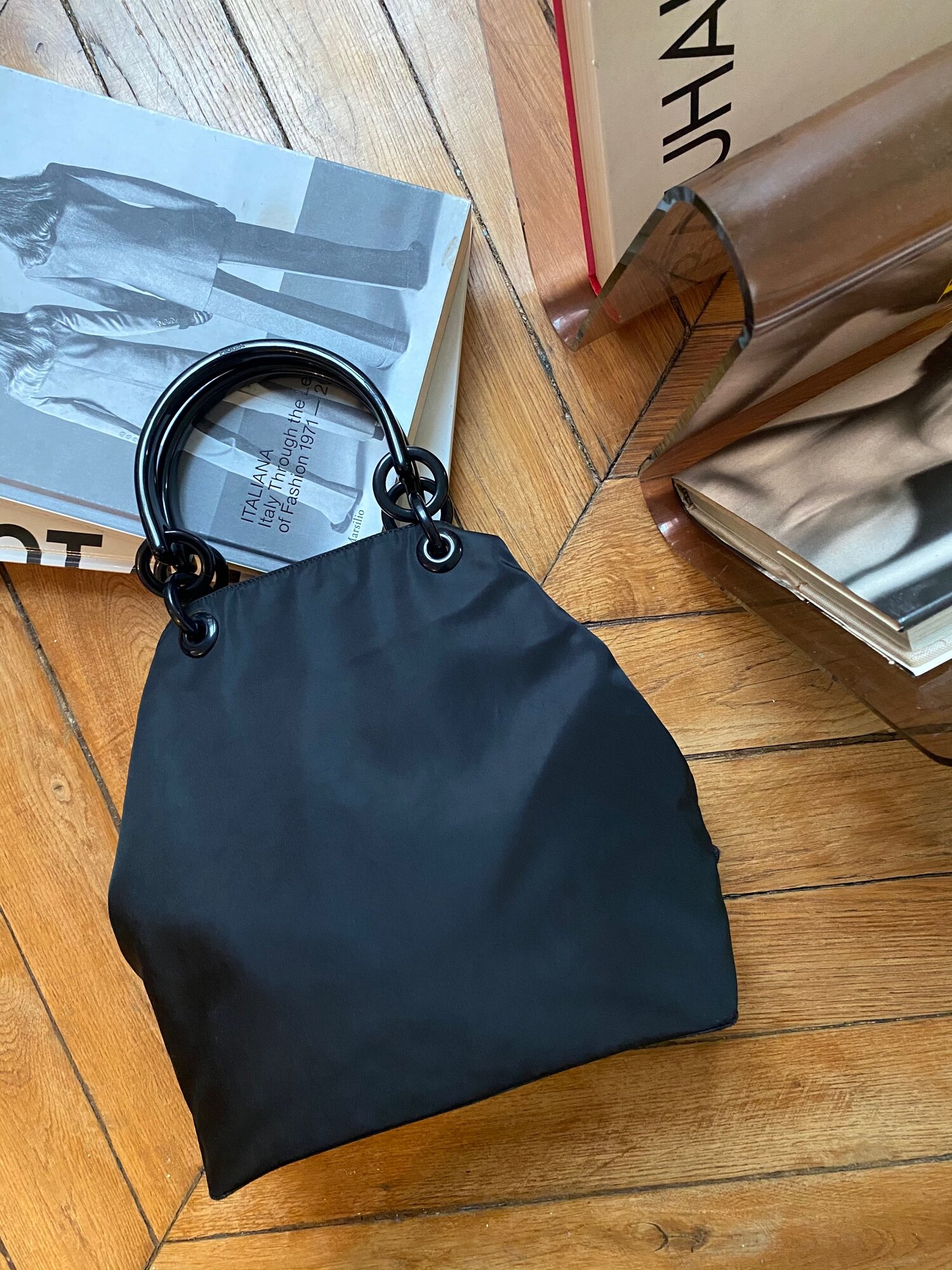 PRADA black nylon, pvc loop handles, handbag — ESTHER ARCHIVES
