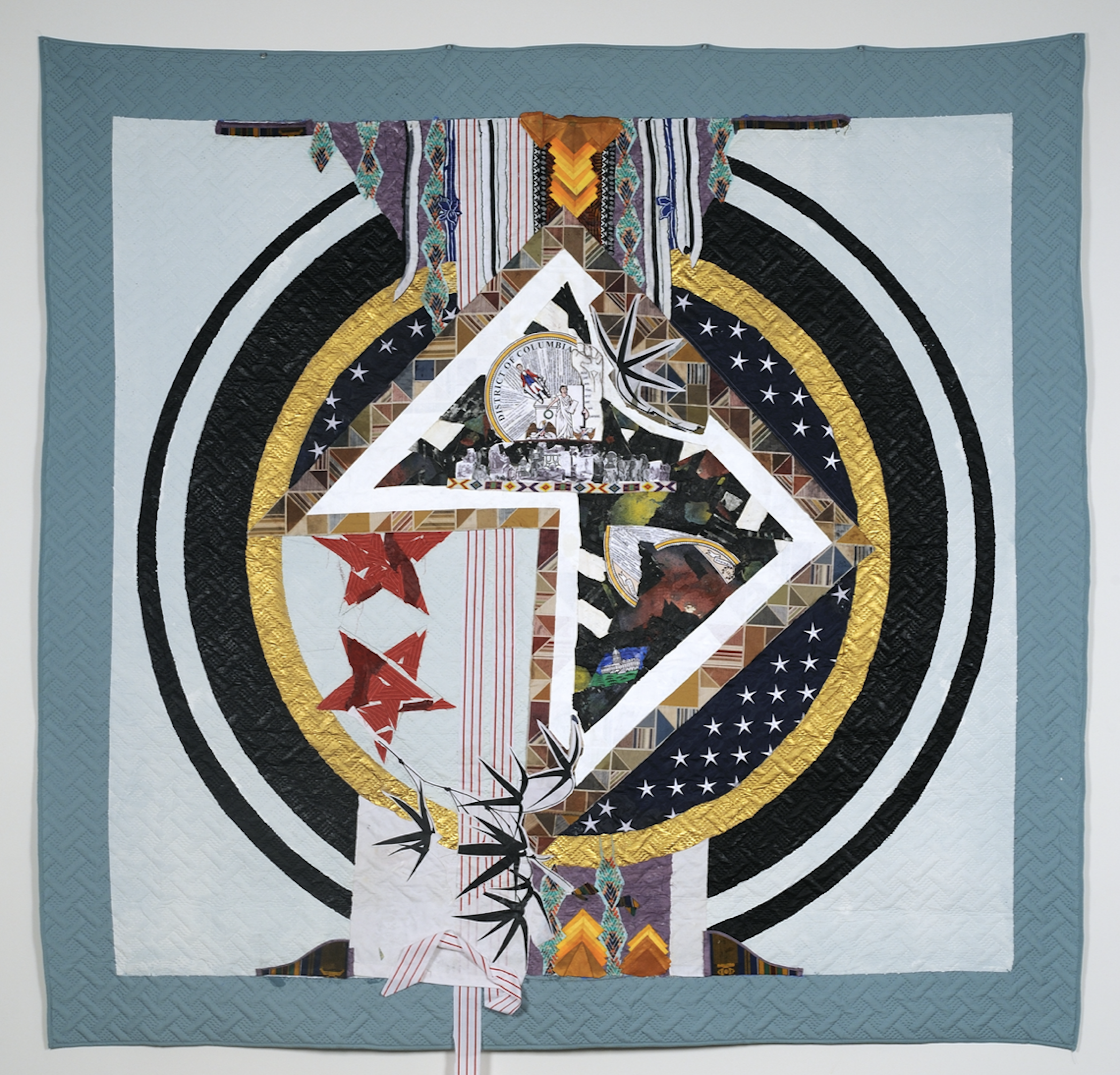 DC Political, Welcome to the District of Colonialism, 2021. Front. Mixed media on quilt, 90 x 86 in. Courtesy of the artist.