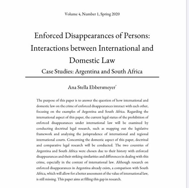 Now available: 'Enforced Disappearances of Persons' by Ana Stella Ebbersmeyer who have analyzed how the prohibition of enforced disappearances in international law and domestic law interacts using Argentina and South Africa as case examples. 
#Retskr
