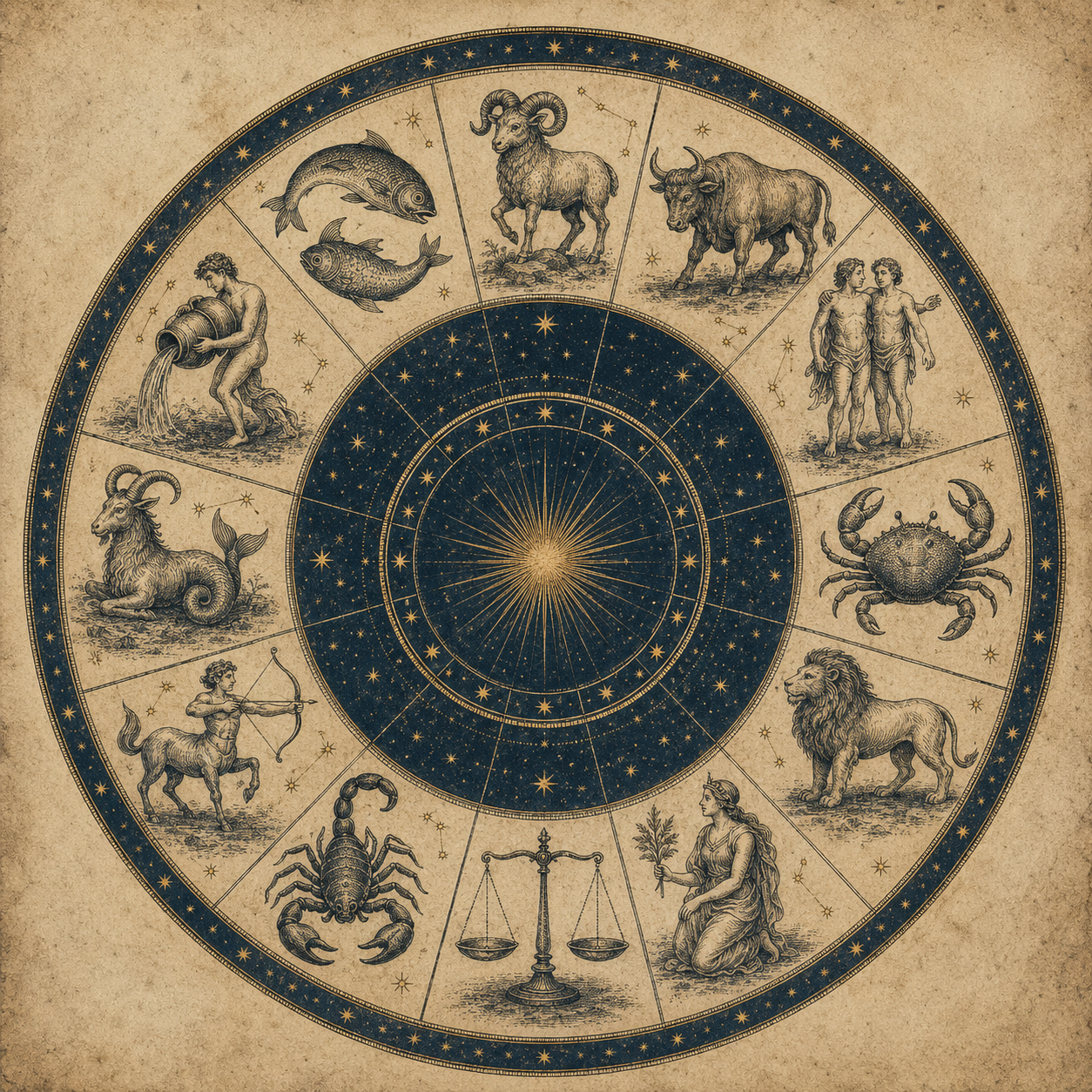 Antique-style zodiac wheel featuring all twelve signs in traditional order.