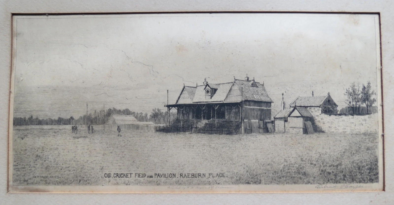 The Pavilion, 1901, with stable and score-box on right. Etching by Gertrude Hayes.