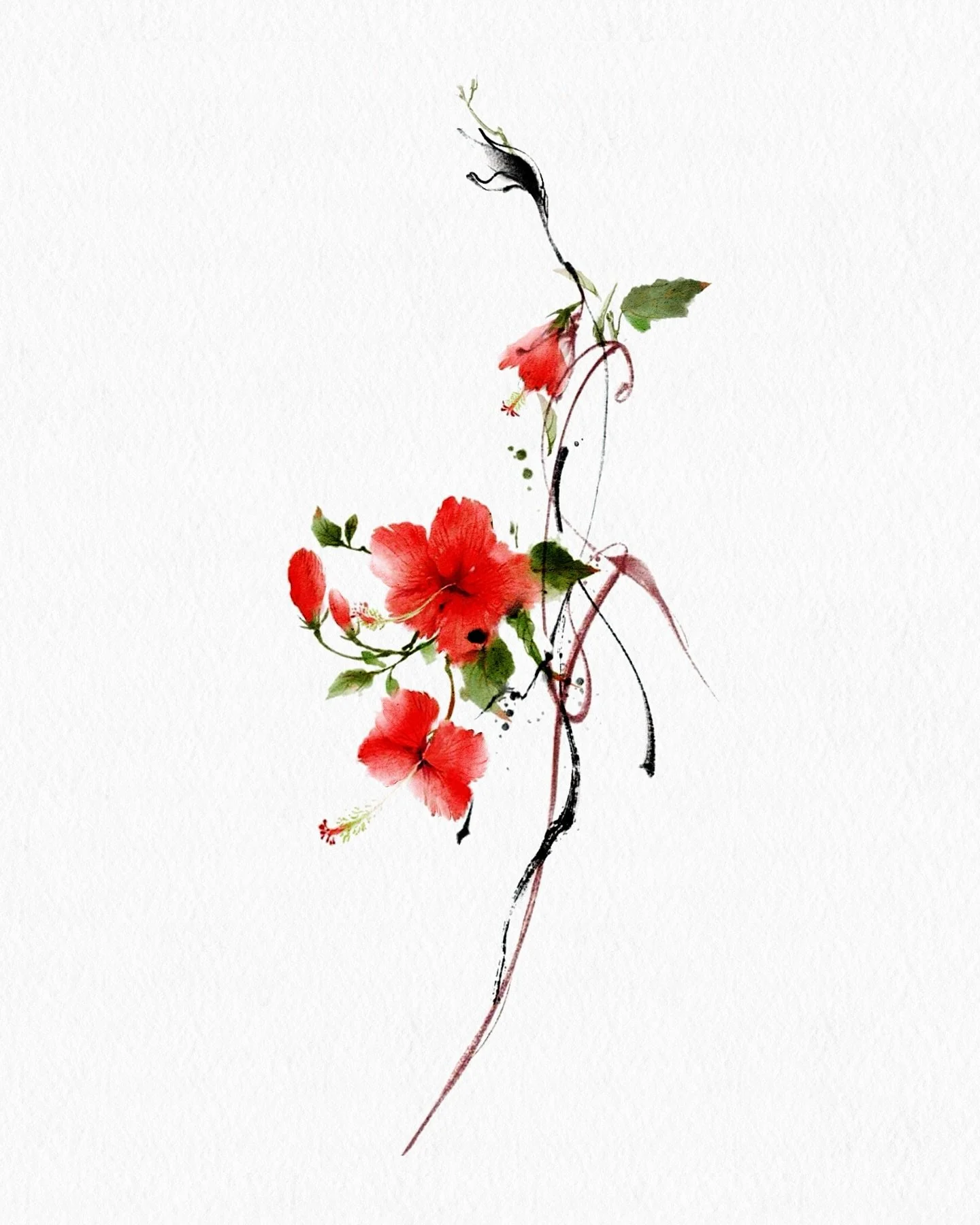 Pencil and brush strokes, vines and watercolor flower.

After a long journey, I&rsquo;m finally back in New York. Now taking appointments for April and May.

Custom designs, cover-ups, or any design from my feed &mdash; I&rsquo;m open to it all. 

Fe