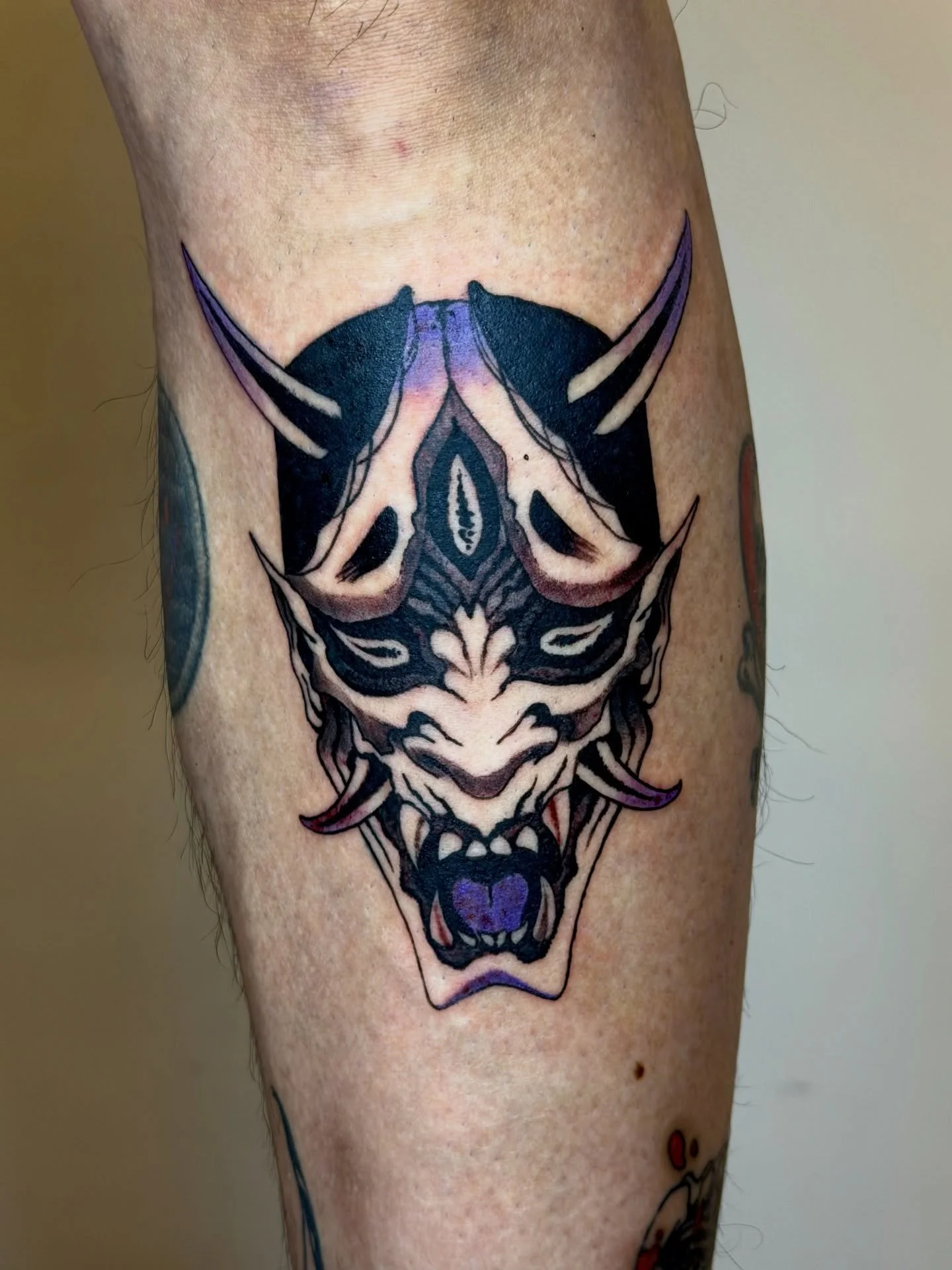 Demon mask on the shin with purple accents. 

My favorite subject to design &amp; tattoo. 
Hope for many more of these!

-
DM me to book or any questions!
-
-
-
#tattoo #tattoos #tattooed #tattooist #nyctattoo