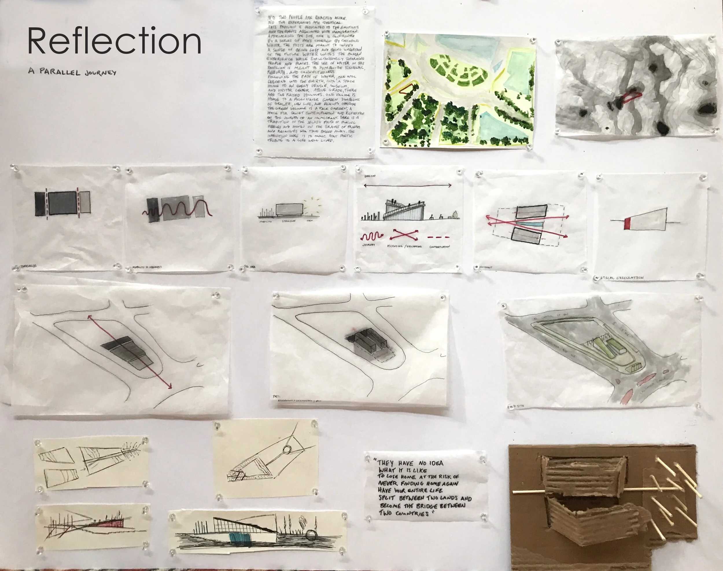 The Reflection Pavilions, a proposal for Immigration Memorial competition. Photograph provided by Chalya Aaliyah Nimyel (Howard University, M.Arch’22). 