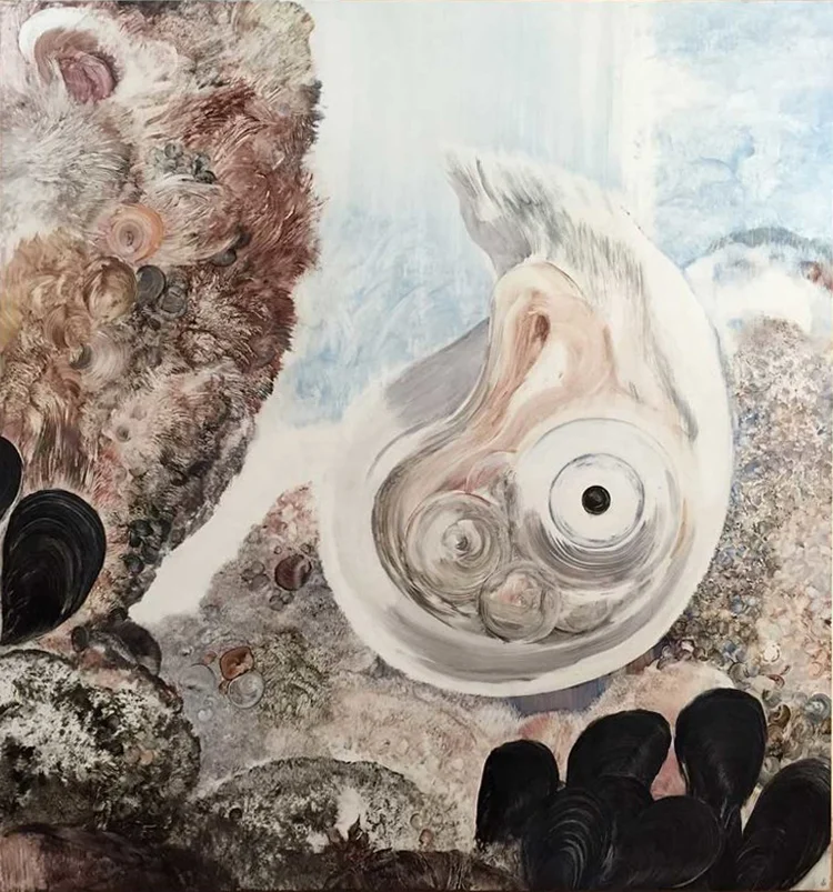 Shell with Eggs - 2017, oil on birch panel, 40h x 38w in.