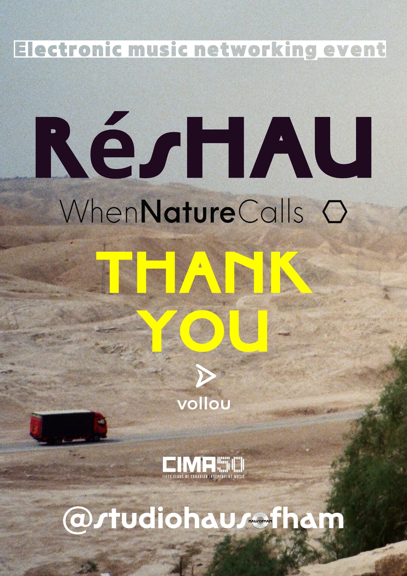 Event poster for electronic music networking event with the words 'Réshau', 'When Nature Calls', 'Thank You', and social media handle '@studiohausfham', featuring a desert landscape background with a red bus.