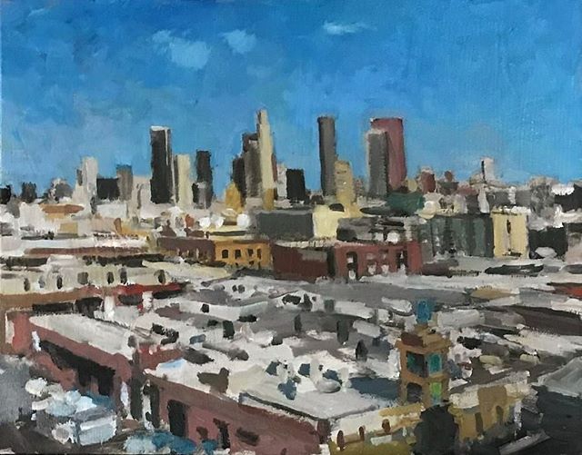 View of downtown Los Angeles. #boristyomkin @elliealtshuler #laart #laartist #lacityscape #losangelesartist #impressionism #losangelesart #downtownla #cityviews #oilpainting
