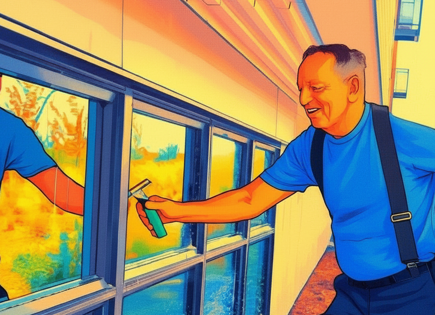 Jean Paul squeegeeing a window