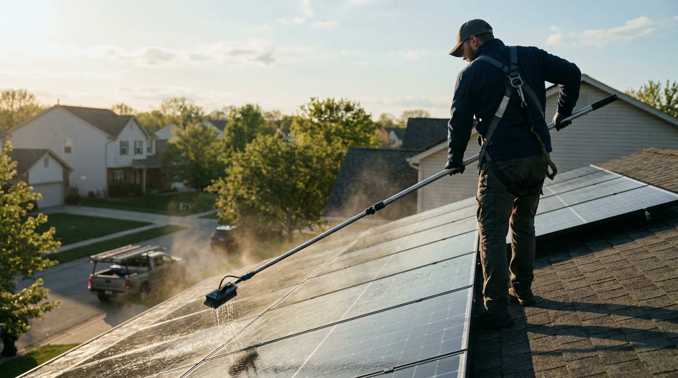 Professional cleaning solar panels with a water-fed pole and purified water — safe rooftop solar panel cleaning in Bend, Oregon.