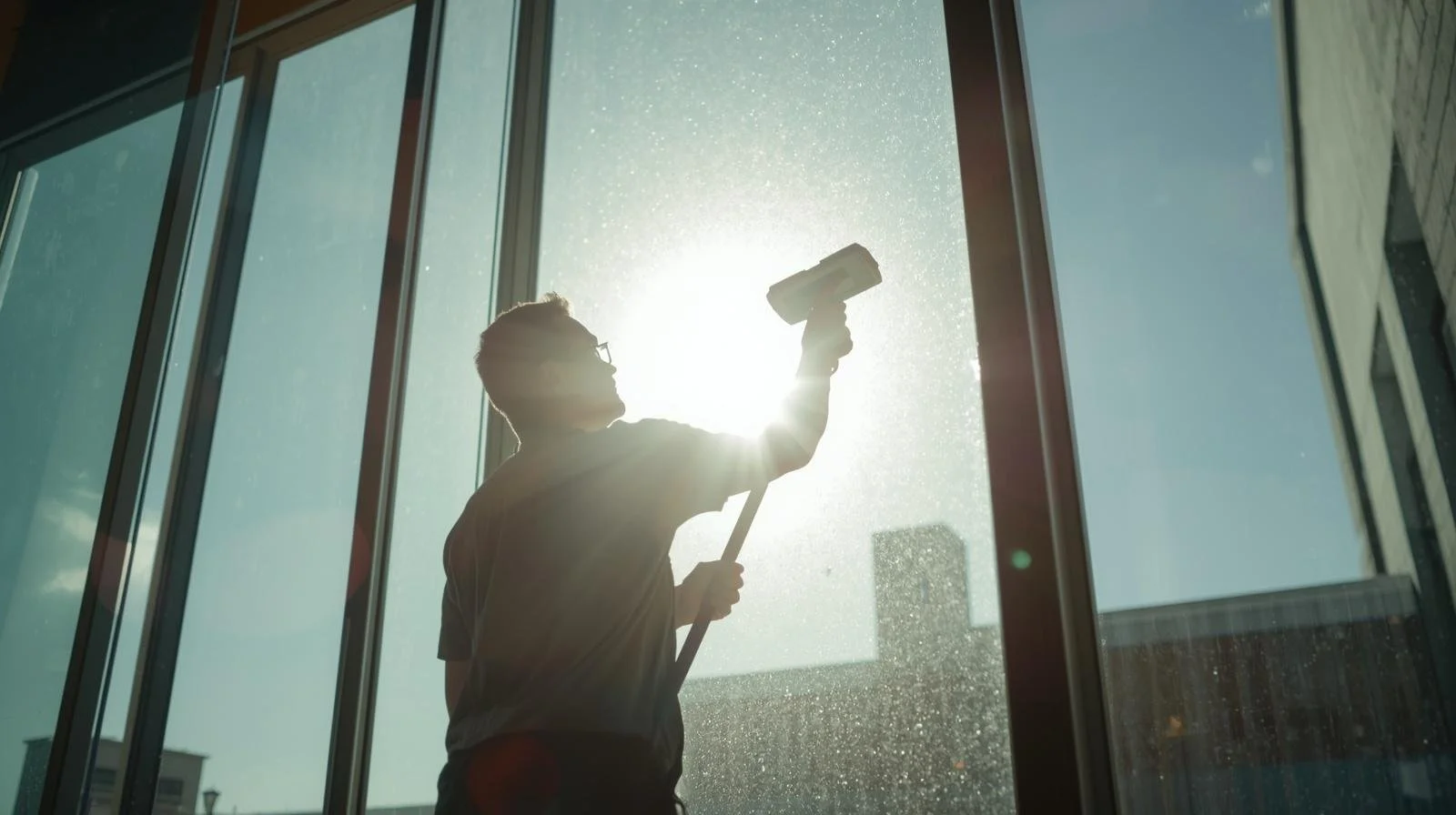 Window glass affected by mineral buildup and pollen in Bend Oregon's high desert climate