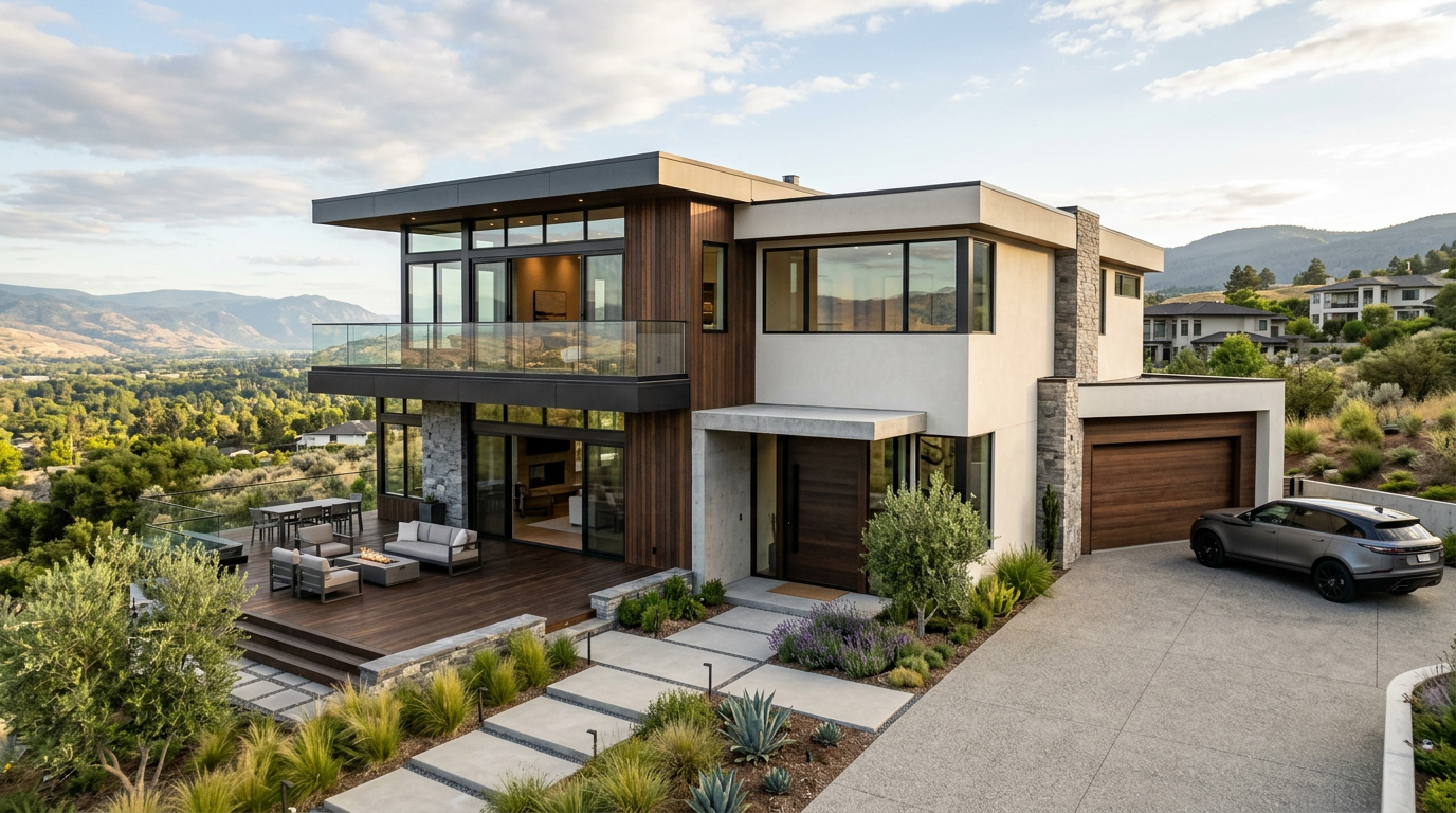 Modern Bend, Oregon home with floor-to-ceiling windows — typical post-construction window cleaning project.
