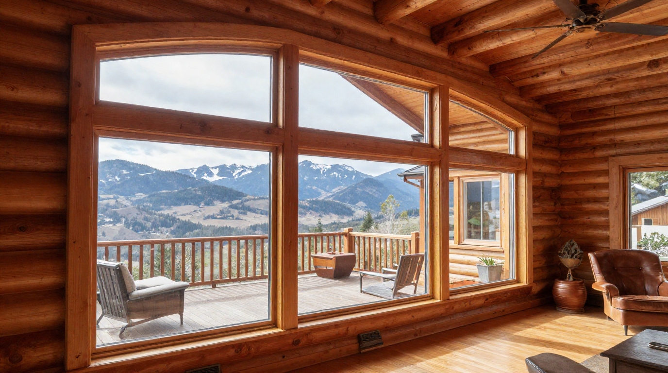 Spotless picture windows in a Central Oregon log home with mountain views — example of post-construction window cleaning results.
