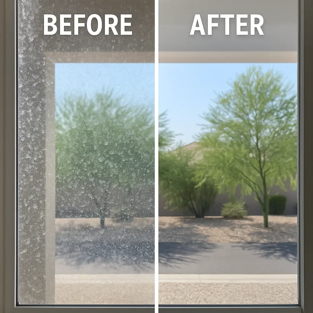 Hard water stains on a shower door in Bend Oregon before and after professional glass restoration