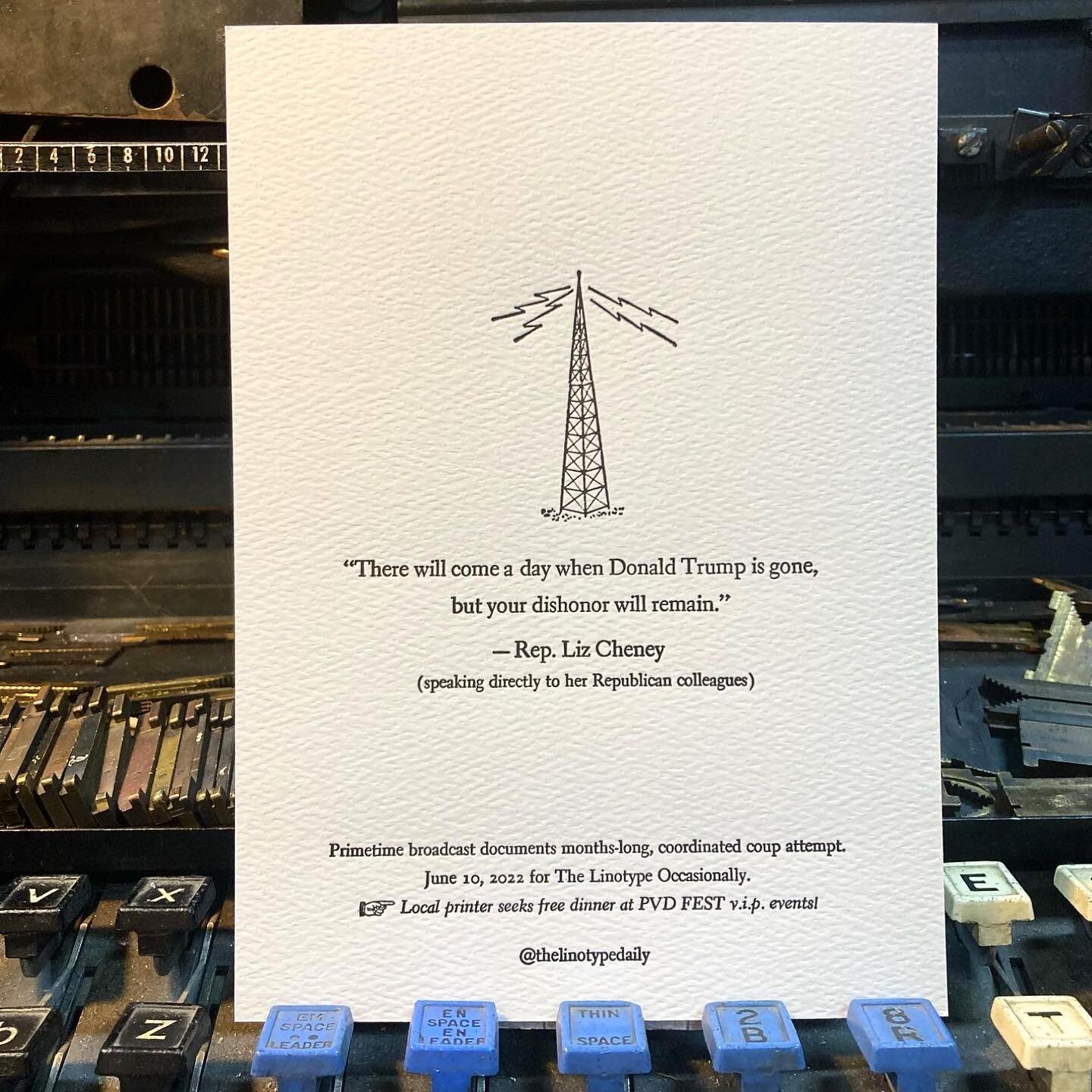 &ldquo;What I saw was a war&hellip; it was carnage&rdquo;

&mdash; US Capitol Police Officer Caroline Edwards, testifying at the Jan 6 hearings last night. #linotype #letterpress #linotypemachine #jan6commission #coupattempt #republicanshavenoshame #