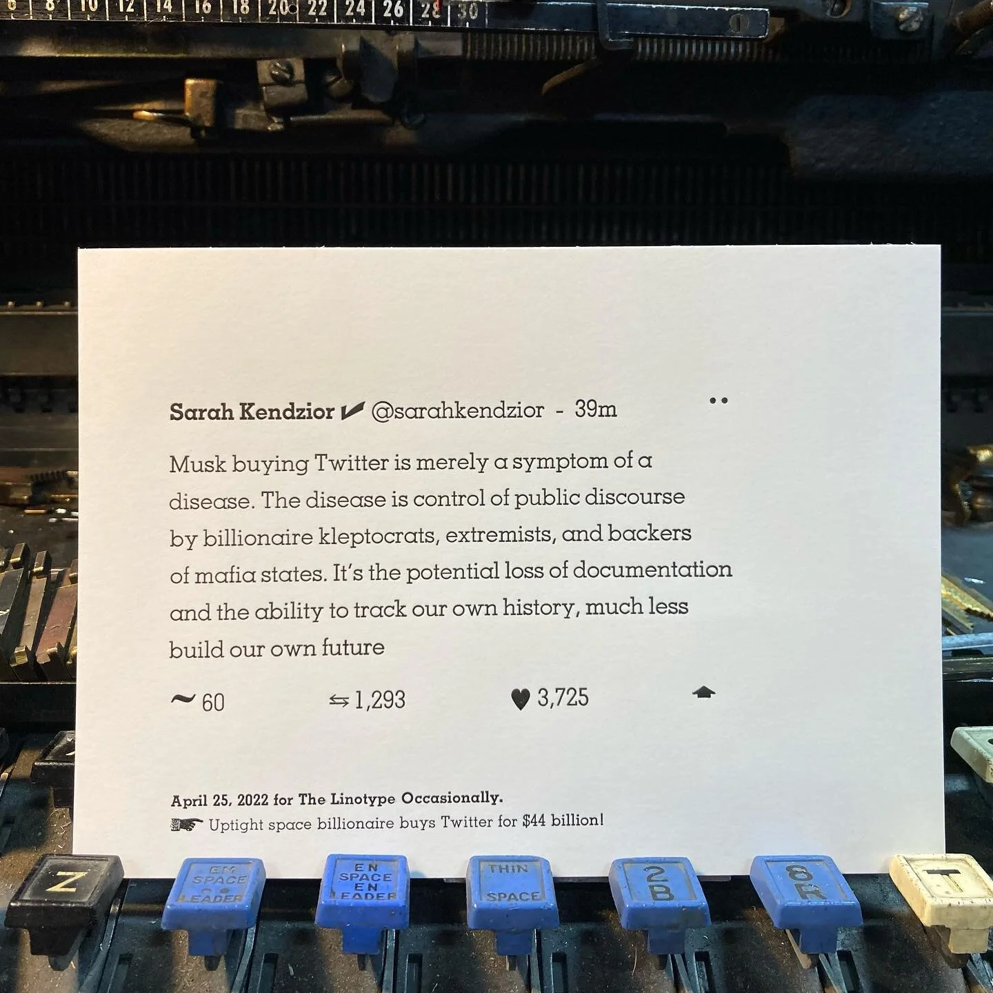 What news? Such news! &ldquo;Twitter is a hellsite that also houses a vital time-stamped chronology of state corruption. It shows who know what and when, and gives some insight into why. Chronology is an enemy of autocracy. Altering Twitter is alteri