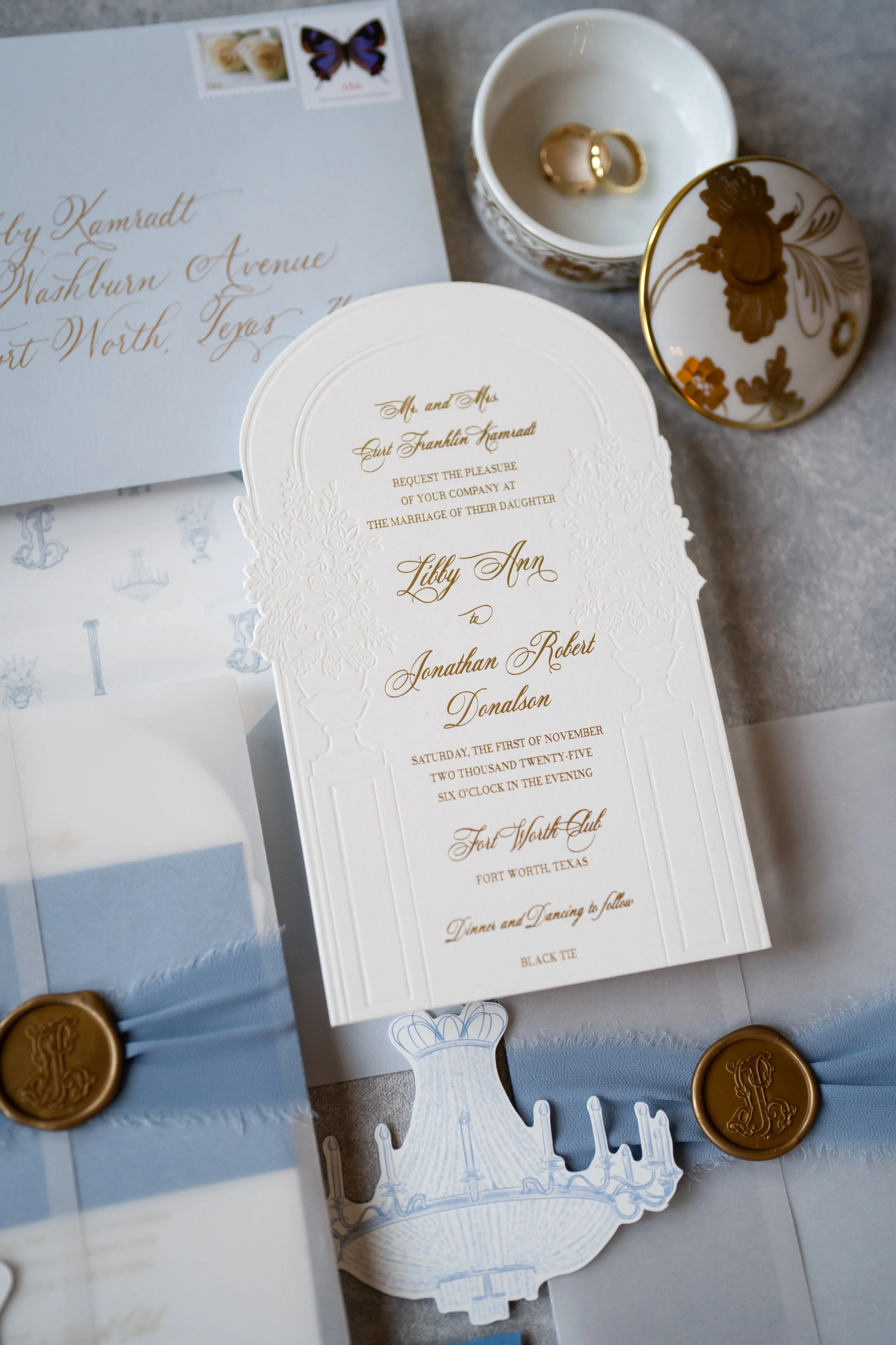 custom wedding invitation blue Dallas Fort Worth