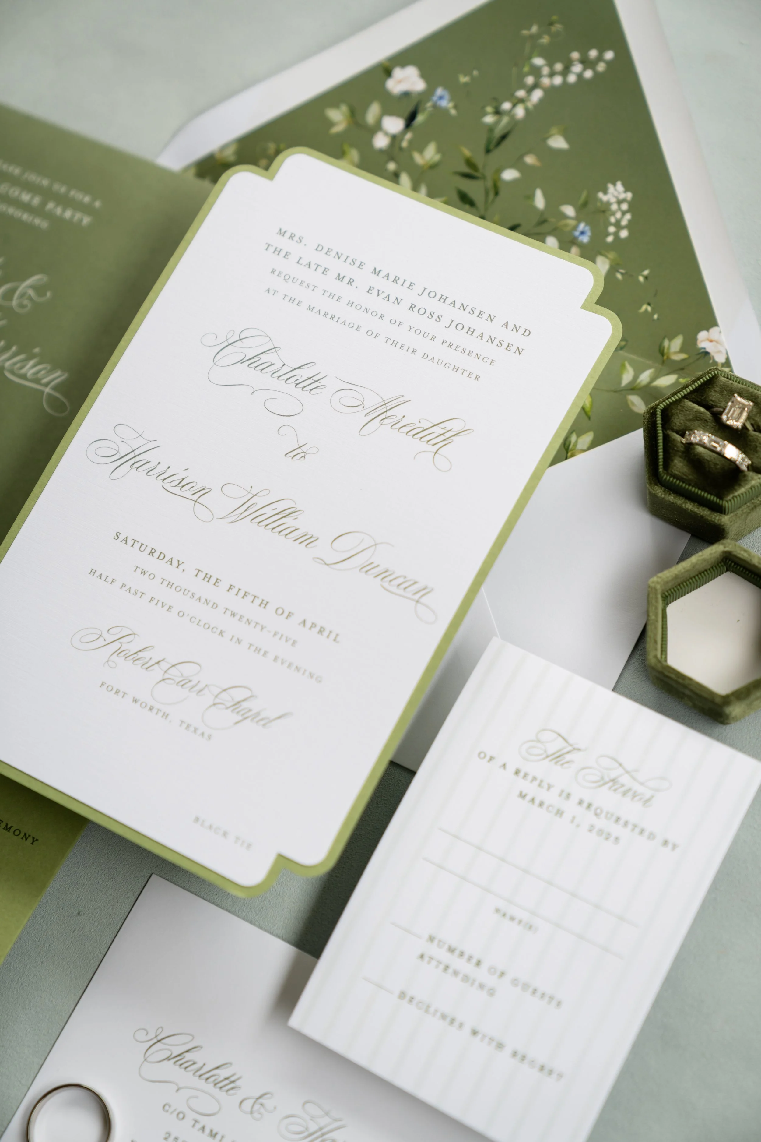 custom wedding invitation shape green Dallas Fort Worth