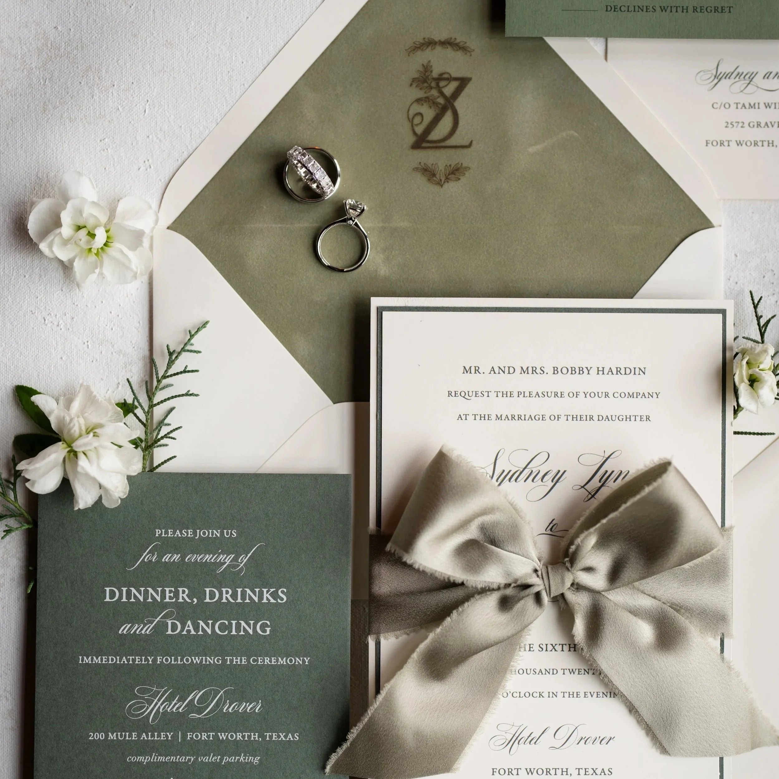 custom wedding invitation green felt paper monogram Dallas Fort Worth