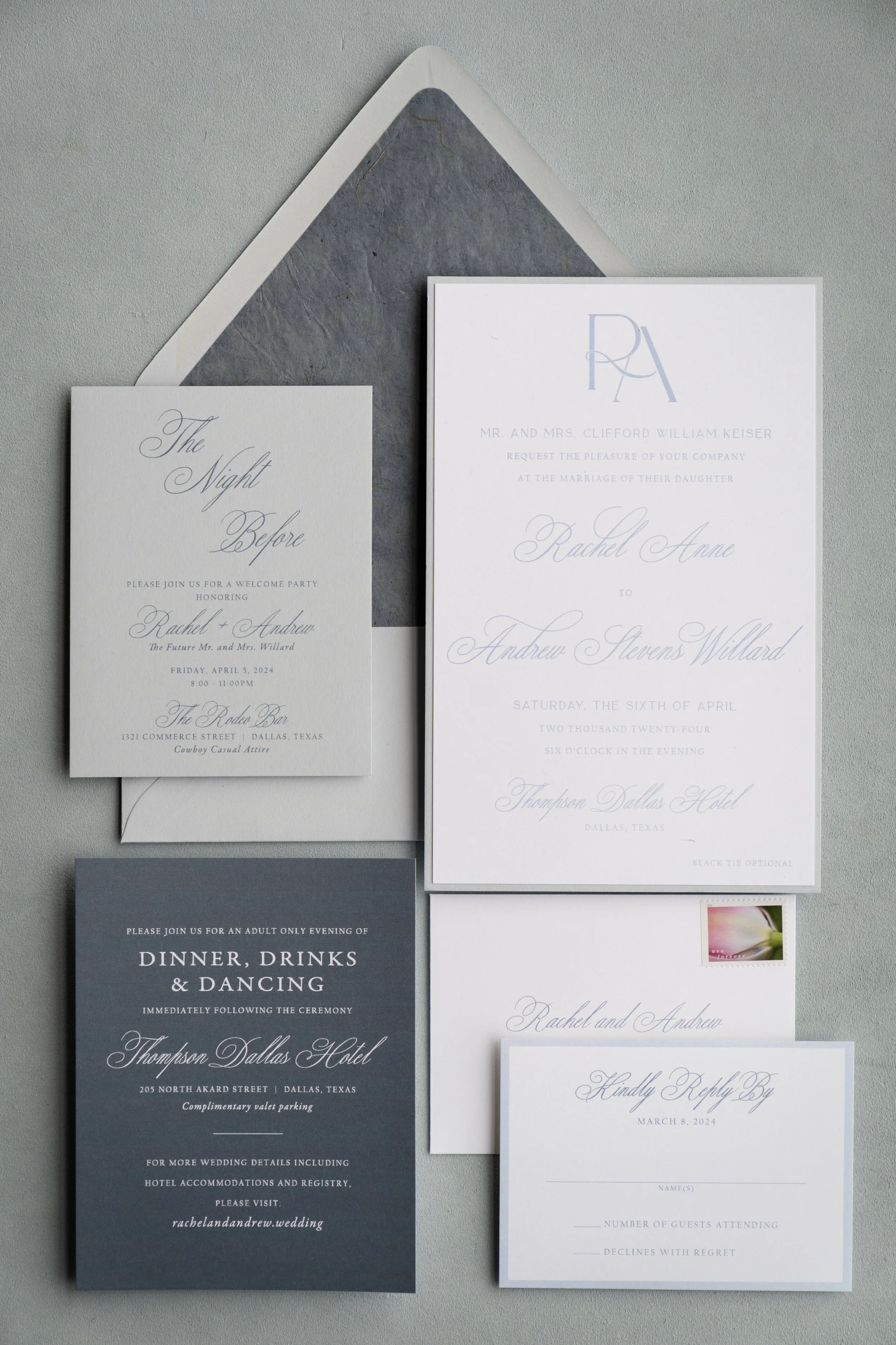 custom wedding invitation blue monogram Dallas Fort Worth