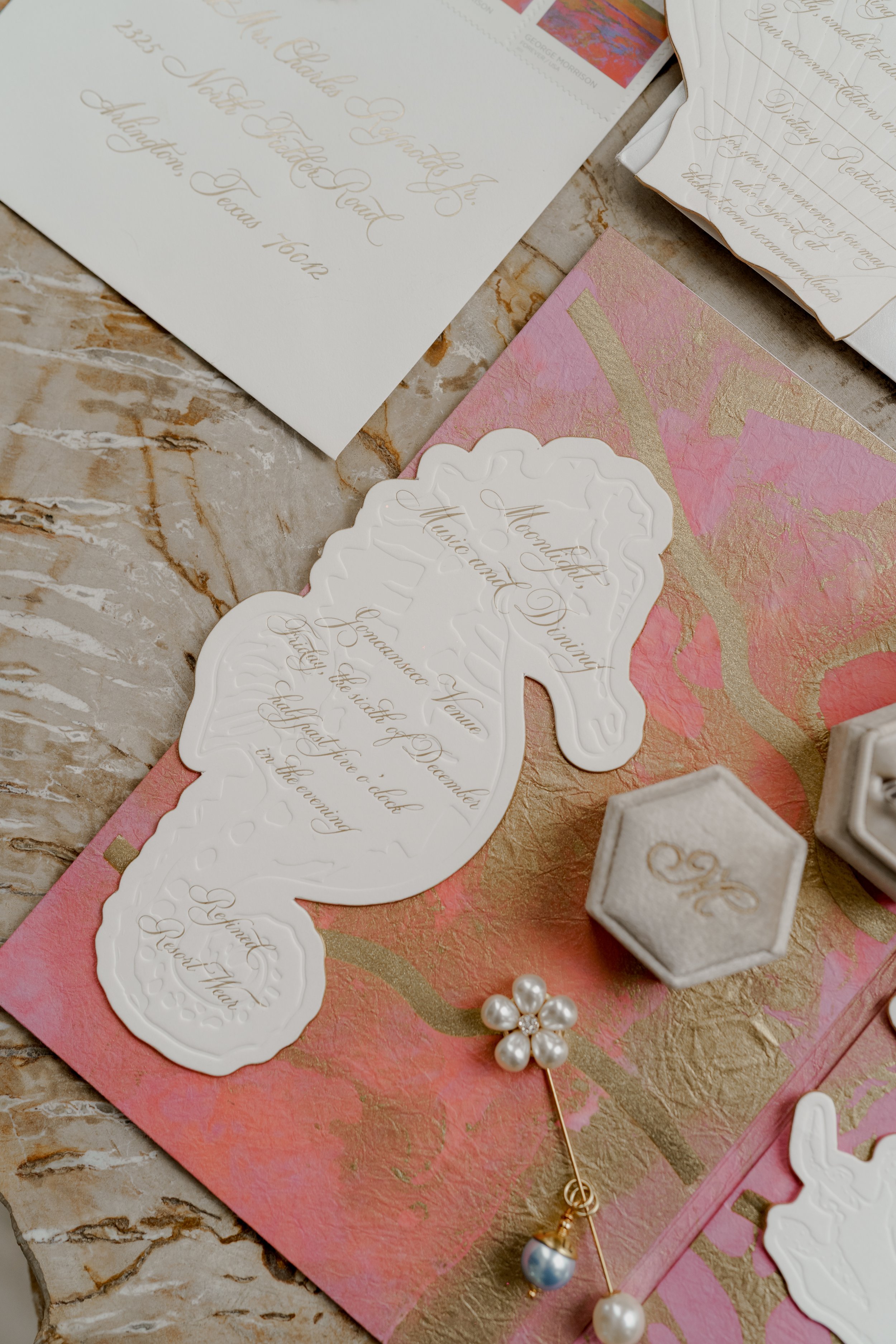 custom wedding invitation sea horse cutout gold foil debossed Dallas Fort Worth