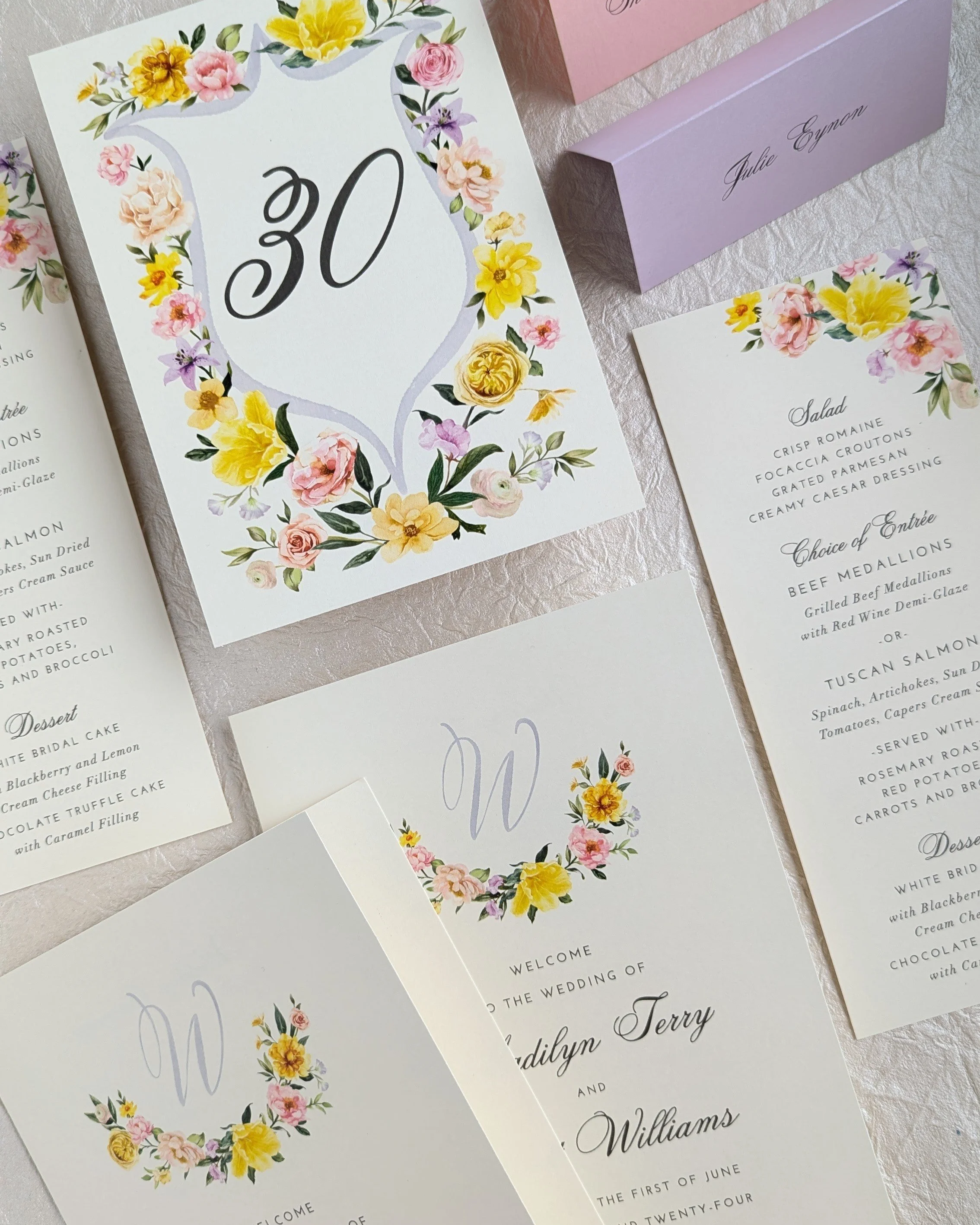 custom floral wedding program table number place cards menu Dallas Fort Worth