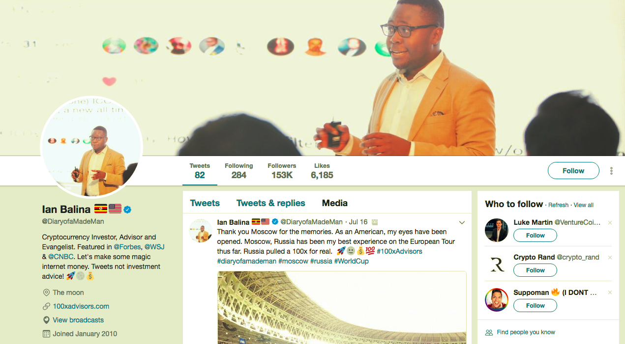 With over 153k Twitter fans, Ian Balina is considered one of the most popular crypto-influencers