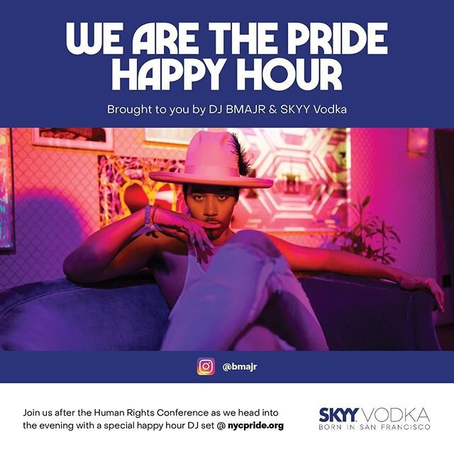 TODAY at 6:30 EDT catch @bmajr doing a special DJ set sponsored by #SKYYVodka on the @nycpride webpage (ww.nycpride.org). Fun fact: This is their first and only website takeover - we are excited for this! We make history baby. #pride🌈 #pridemonth #n