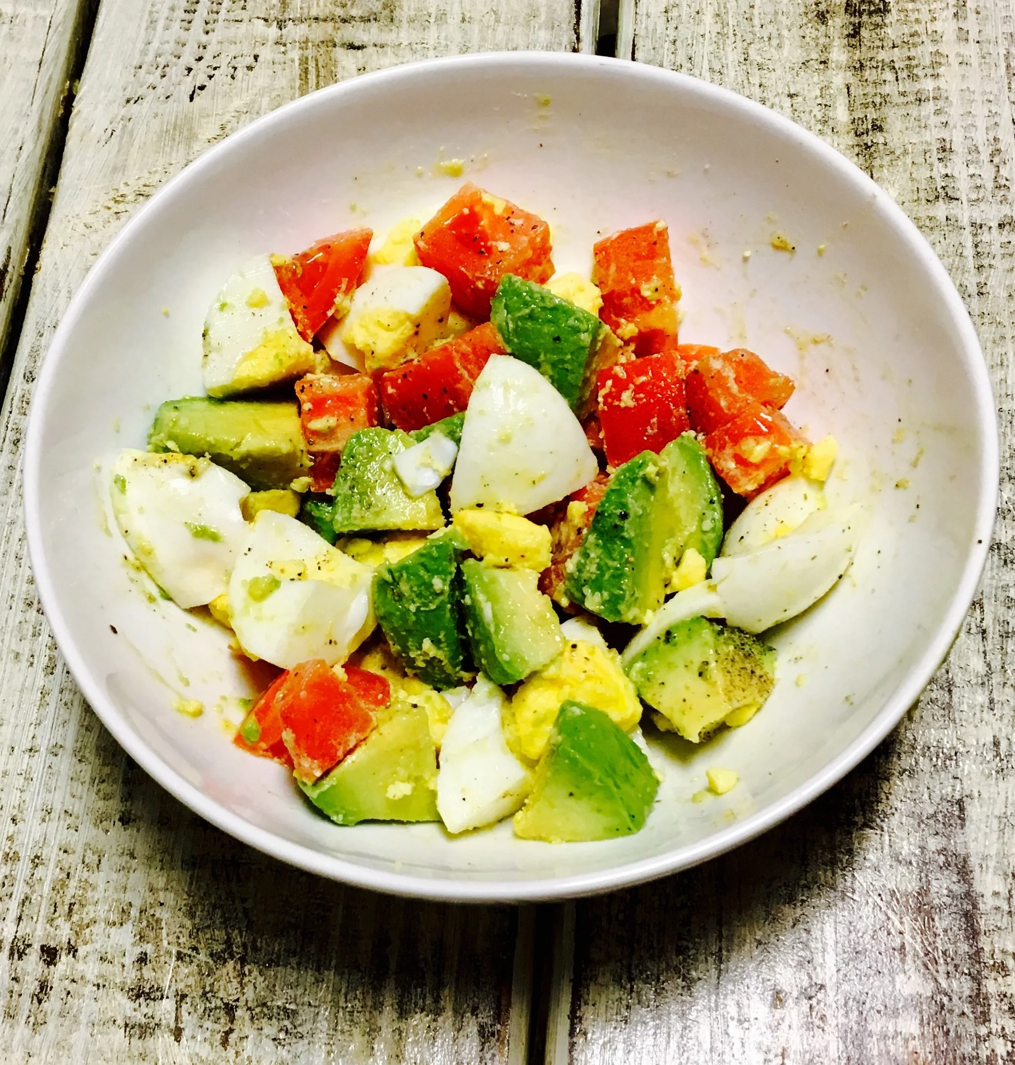 Breakfast option: 2 boiled eggs, 1/2 an avocado, 1 tomato, with a drizzle of olive oil and salt and pepper.