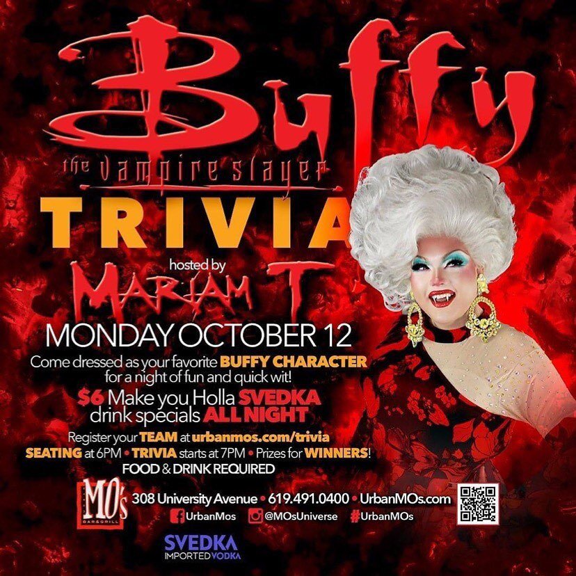 NEXT MONDAY @urbanmos 

#trivia #hillcrestsandiego #mosuniverse #urbanmos #buffythevampireslayer #spooky #trivianight #whoinvitedher #drag #dragqueen